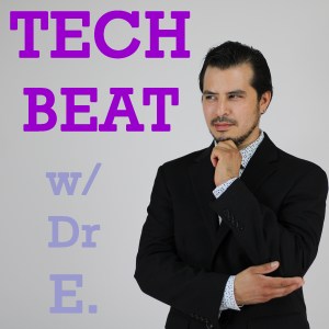 man in suit looking at podcast title